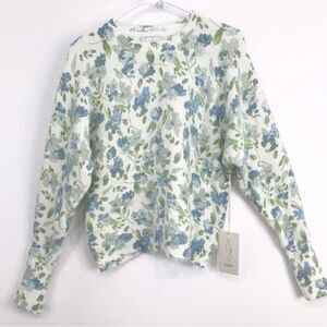 JOIE Blue Green Floral Fuzzy White Crew Neck Pullover Spring Sweater NEW